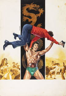 Studio Paradiso - "Il drago si scatena (The Boxer from Shantung)", 1972: Studio Paradiso - "Il drago si scatena (The Boxer from Shantung)", 1972 ITA tempera su cartoncino - 34,5 x 49,5 cm Bozzetto originale realizzato dallo Studio Paradiso per la locandina