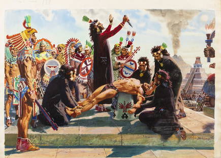 Burian Zdenek - "Sacrificio umano Azteco", 1976: Burian Zdenek - "Sacrificio umano Azteco", 1976 ITA acquerello e tempera su cartoncino applicato a cartone - 51 x 36,5 cm Illustrazione originale realizzata dal maestro ceco Burian