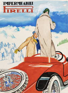 A.N.I. (Autore Non Identificato) - "Impermeabili Pirelli", anni ’30: A.N.I. (Autore Non Identificato) - "Impermeabili Pirelli", anni ’30 ITA tempera e acquerello su cartoncino - 23 x 31 cm 