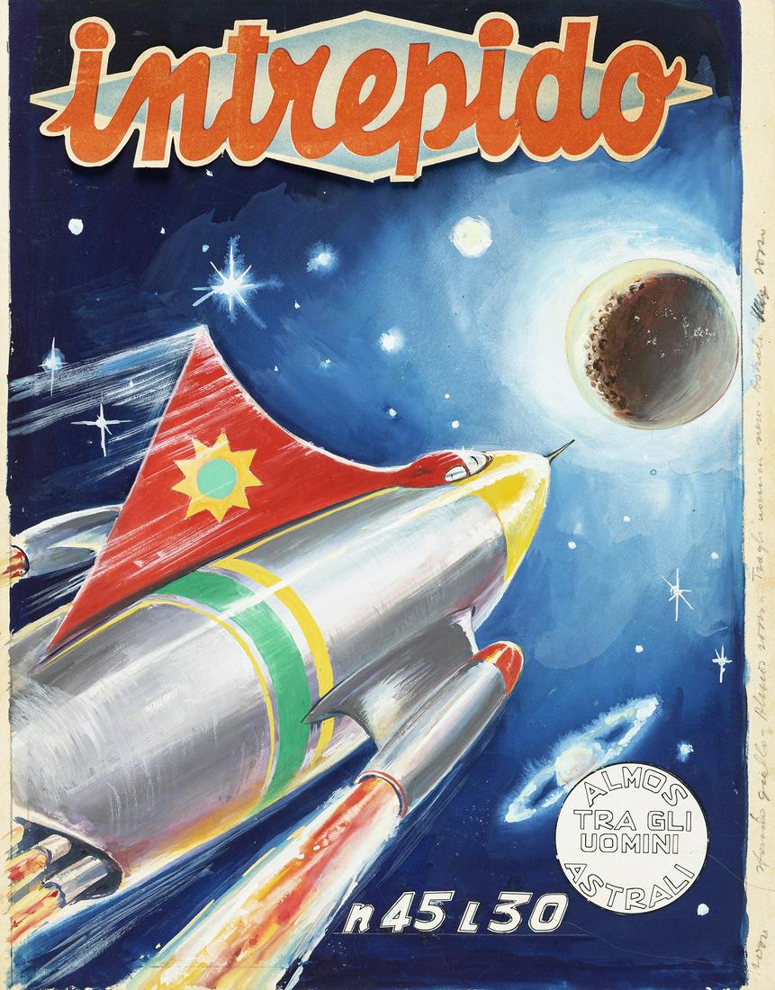 Albanese Gaetano - "Intrepido - Almos tra gli uomini astrali", 1952: Albanese Gaetano - "Intrepido - Almos tra gli uomini astrali", 1952 ITA tempera su cartone - 25,5 x 33 cm Originale di copertina realizzato da Albanese per "Almos tra gli uomini astrali