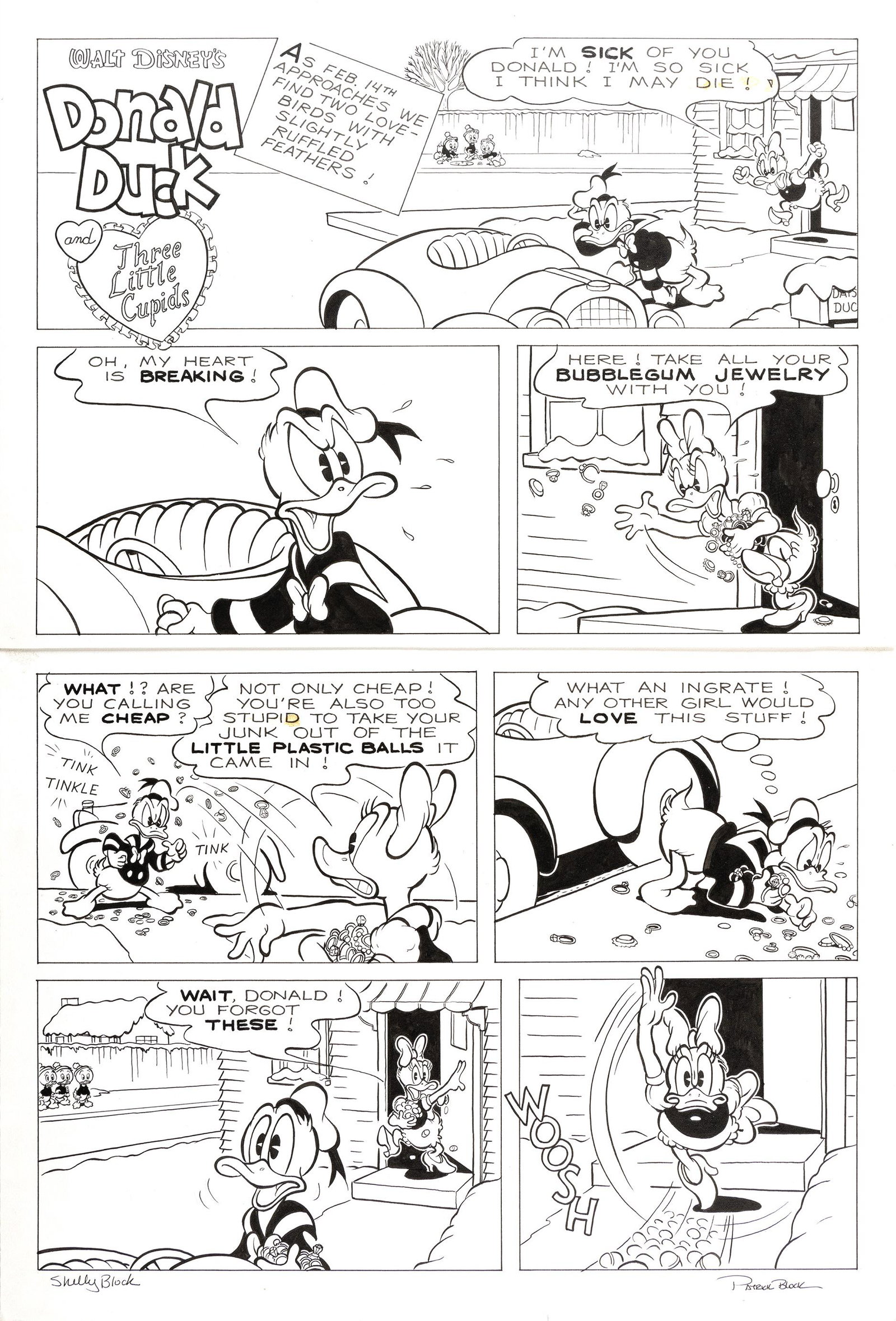 Block Pat - "Donald Duck and Three Little Cupids", 1996: Block Pat - "Donald Duck and Three Little Cupids", 1996 ITA matita e china su cartoncino - 44,5 x 64,5 cm Title page originale realizzata da Block per "Three Little Cupids", edita negl