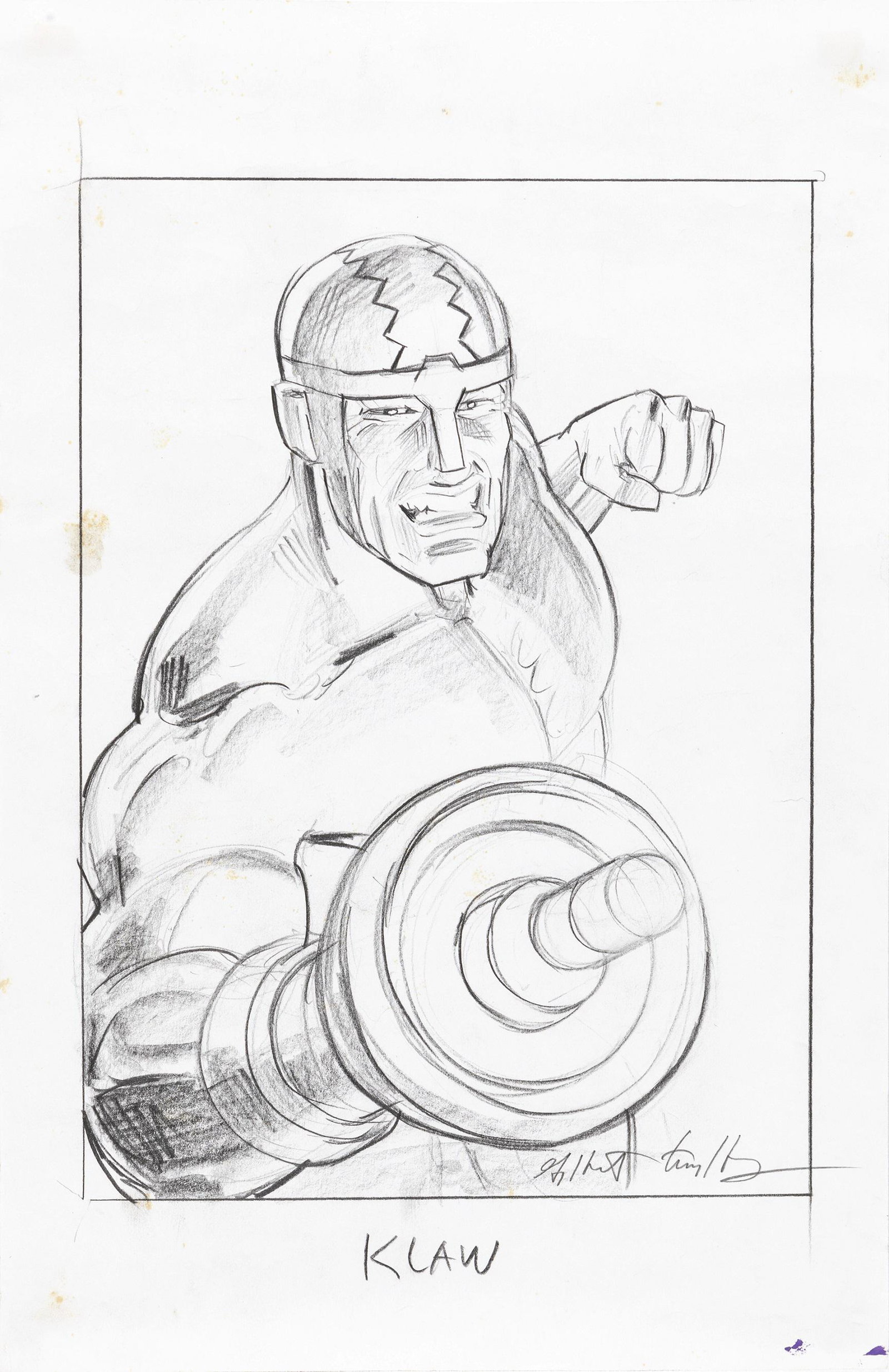 Hildebrandt Greg & Tim - "Klaw", 1994: Hildebrandt Greg & Tim - "Klaw", 1994 ITA matita su carta - 28 x 43 cm Disegno preliminare realizzato dai fratelli Hildebrandt per la card n. 63 della serie Marvel Masterpieces "Klaw&#