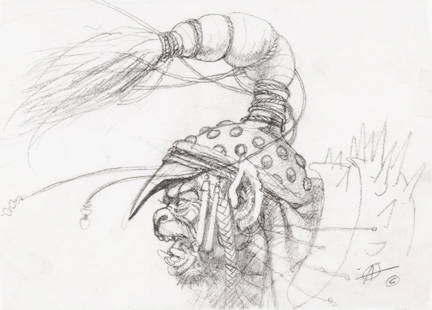 Achilleos Chris – "Orc Warrior", 1985: Achilleos Chris – "Orc Warrior", 1985 ITA matita su lucido – 18 x 13 cm Disegno preliminae realizzato da Achilleos per il suo celebre dipinto "Orc Charge" del 1985. Pubbli