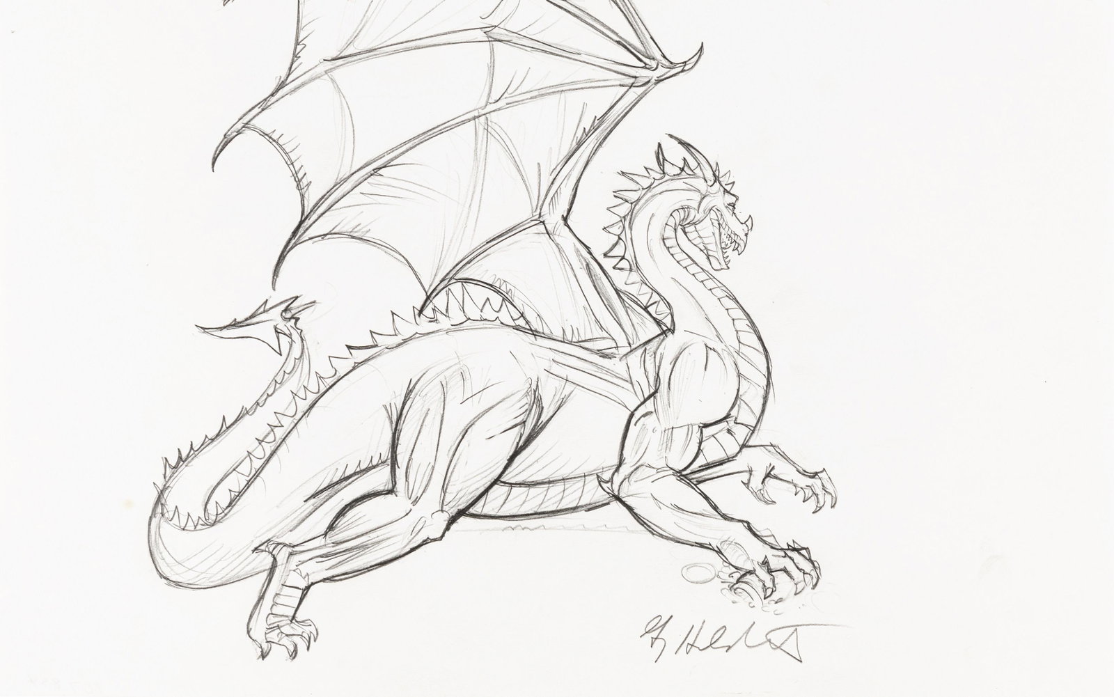 Hildebrandt Greg e Tim – "Smaug", 1995: Hildebrandt Greg e Tim – "Smaug", 1995 ITA matita su carta – 43 x 27 cm Disegno preliminare realizzato dai fratelli Hildebrandt per il celebre dipinto "Smaug" del 1995. Fir