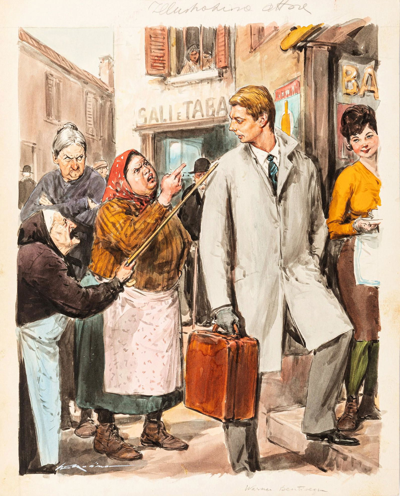Molino Walter - "Warner Bentivegna", anni ’60: Molino Walter - "Warner Bentivegna", anni ’60 ITA tempera e acquerello su cartoncino, 28,5 x 35,5 cm Illustrazione originale realizzata da Molino durante gli anni â€™60 per la rivi