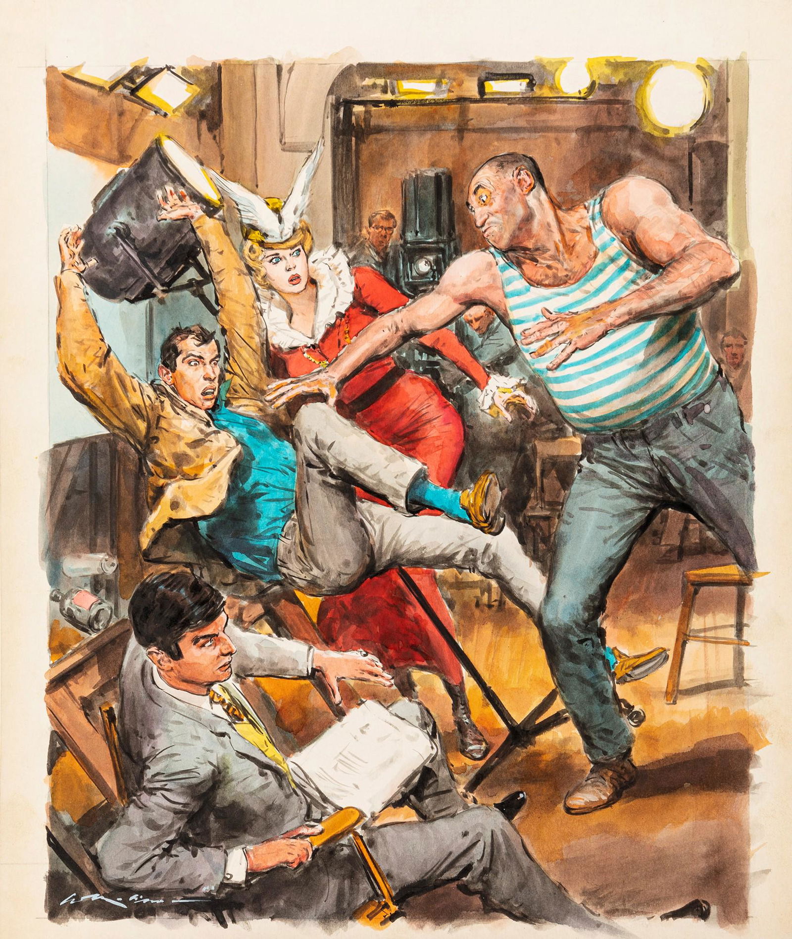 Molino Walter - "Incidente sul set", anni ’60: Molino Walter - "Incidente sul set", anni ’60 ITA tempera e acquerello su cartoncino, 29 x 35 cm Illustrazione originale realizzata da Molino durante gli anni â€™60 per la rivista