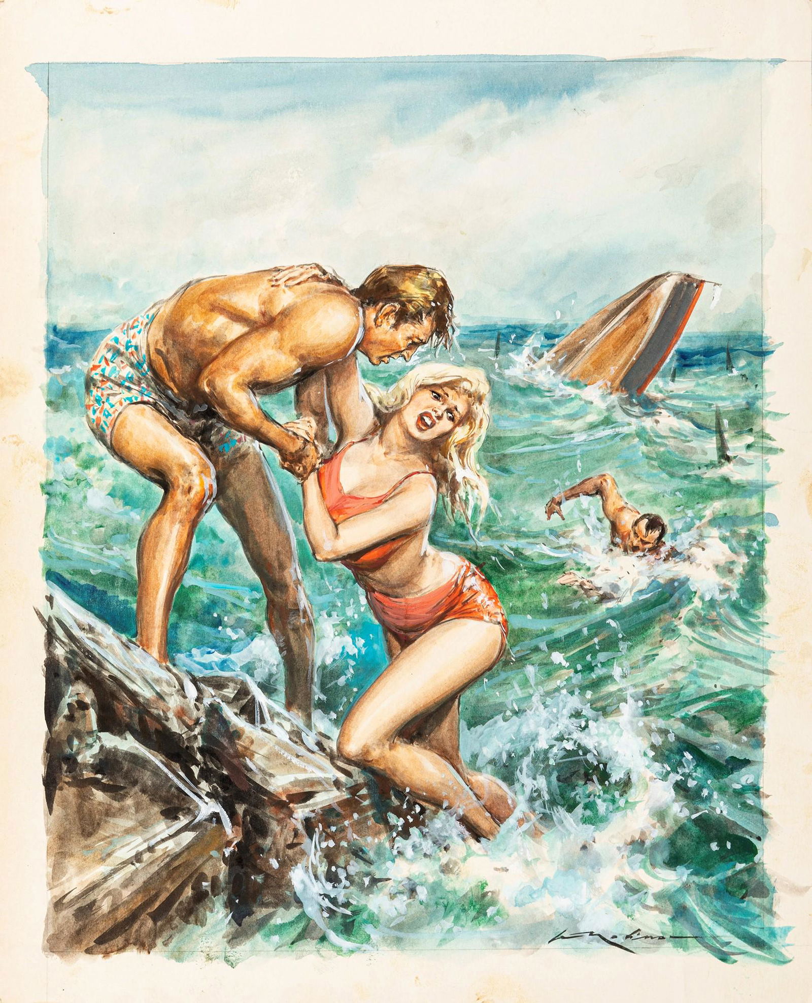 Molino Walter - "Incidente sul set (mare)", anni ’60: Molino Walter - "Incidente sul set (mare)", anni ’60 ITA tempera e acquerello su cartoncino, 29 x 36 cm Illustrazione originale realizzata da Molino durante gli anni â€™60 per la r
