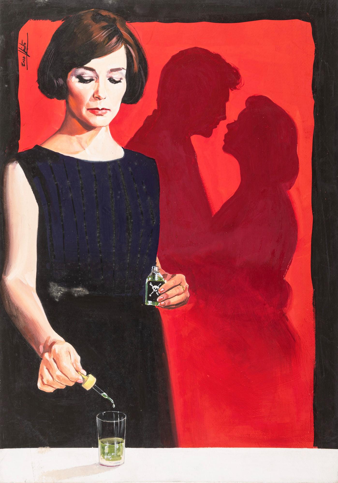 Nistri Enzo - "Il delitto di Thérèse Desqueyroux (Thérèse Desqueyroux)",: Nistri Enzo - "Il delitto di Thérèse Desqueyroux (Thérèse Desqueyroux)", 1962 ITA tempera su cartone, 42,5 x 61 cm Bozzetto originale realizzato da Enzo Nistri per la loca