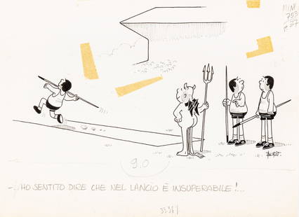 Bort (Mario Bortolato) - "Ho sentito dire che nel lancio del giavellotto è: Bort (Mario Bortolato) - "Ho sentito dire che nel lancio del giavellotto è insuperabile!", 1978 ITA matita e china su cartoncino, 28 x 20,5 cm Illustrazione originale realizzata da Bort