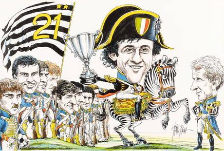 Bruna Franco - "La Juve di Platini", 1983: Bruna Franco - "La Juve di Platini", 1983 ITA matita, china e acquerello su cartone, 49 x 33 cm Illustrazione originale realizzata da Bruna per celebrare il 21Â° scudetto della Juventus.