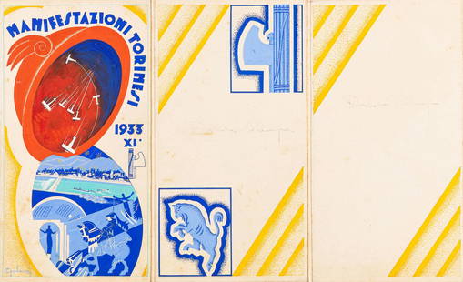 Galaverna Ettore - "Manifestazioni Torinesi 1933", 1933: Galaverna Ettore - "Manifestazioni Torinesi 1933", 1933 ITA tempera su cartone, 36,5 x 22,5 cm Illustrazione originale (al fronte e al retro) realizzata da Galaverna per un pieghevole