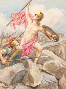 Fabbi Fabio - "L’Iliade - Apollo incita i troiani all’assalto della muraglia",: Fabbi Fabio - "L’Iliade - Apollo incita i troiani all’assalto della muraglia", 1930 ITA matita, china, acquerello e tempera su cartoncino, 30 x 40 cm Illustrazione originale