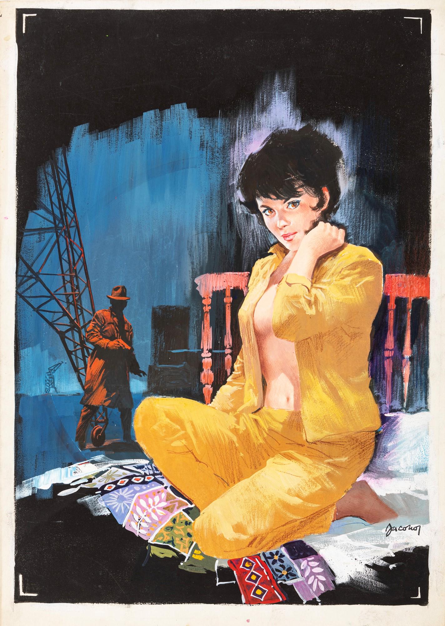 Jacono Carlo - "Segretissimo - OS 117 destinazione Amburgo", 1964: Jacono Carlo - "Segretissimo - OS 117 destinazione Amburgo", 1964 ITA tempera su cartone, 29 x 40,5 cm Originale di copertina realizzato da Jacono per "OS 117 destinazione Amburgo" di