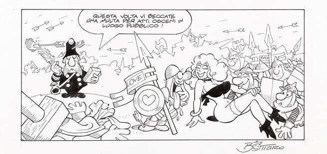 Bottaro Luciano - "Mattaglie", anni ’70: Bottaro Luciano - "Mattaglie", anni ’70 ITA matita e china su cartoncino, 35 x 17 cm Illustrazione originale realizzata da Bottaro per il celebre ciclo delle sue "Mattaglie",
