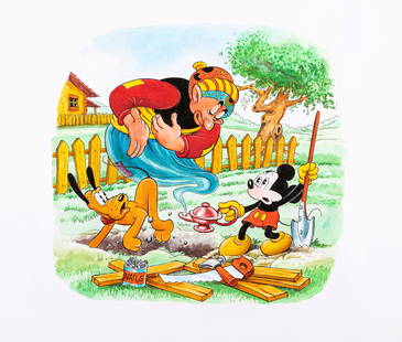 Bruna Franco - "Topolino e la lampada di Aladino", anni ’80: Bruna Franco - "Topolino e la lampada di Aladino", anni ’80 ITA matita, china e acquerello su cartoncino, 48,5 x 41,5 cm Illustrazione originale realizzata da Bruna durante gli anni 
