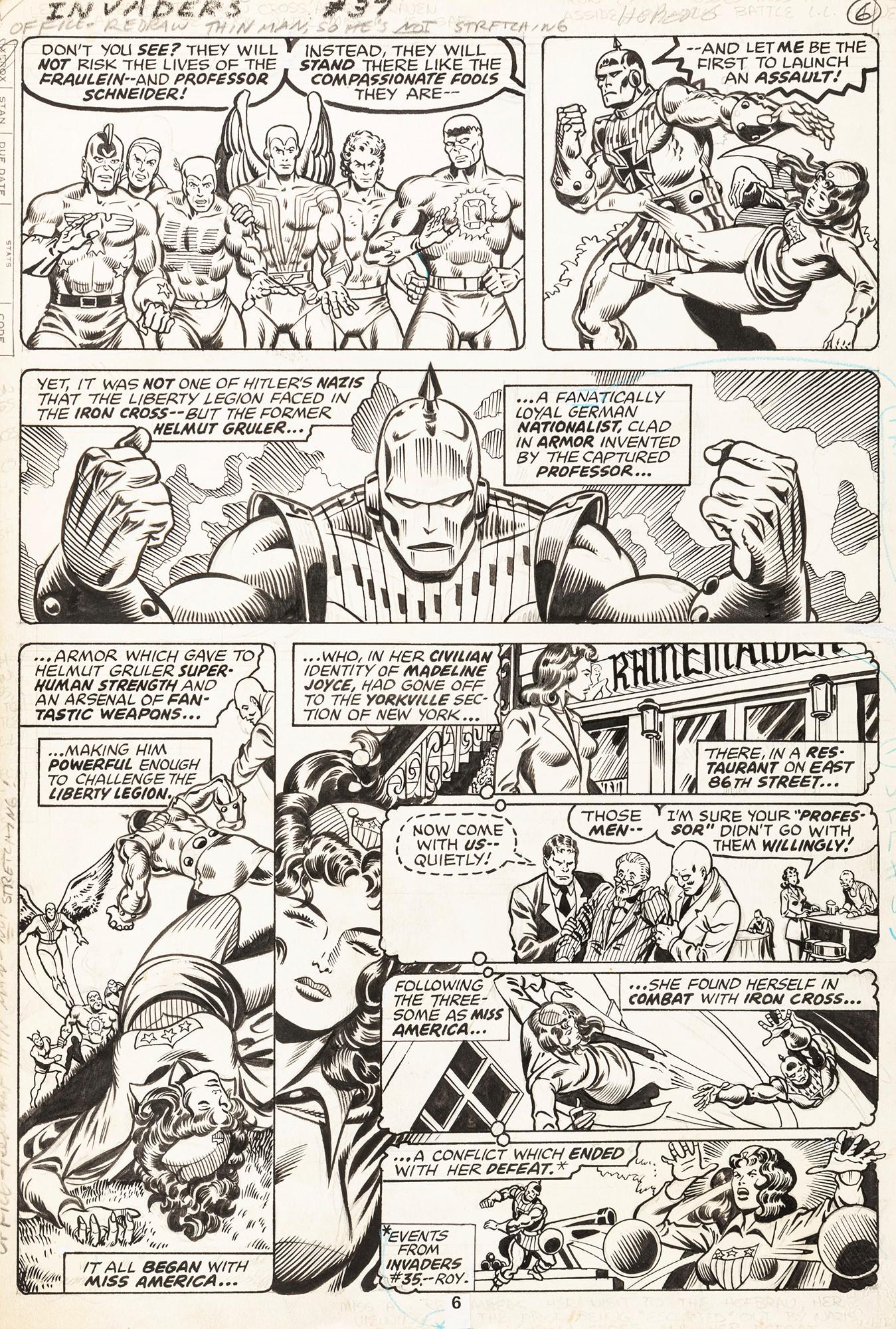 Kupperberg Alan - "Invaders - The Liberty Legion Busts Loose!", 1979: Kupperberg Alan - "Invaders - The Liberty Legion Busts Loose!", 1979 ITA matita e china su cartoncino Marvel, 27,5 x 40,5 cm Tavola originale realizzata da Kupperberg per "The Liberty Leg