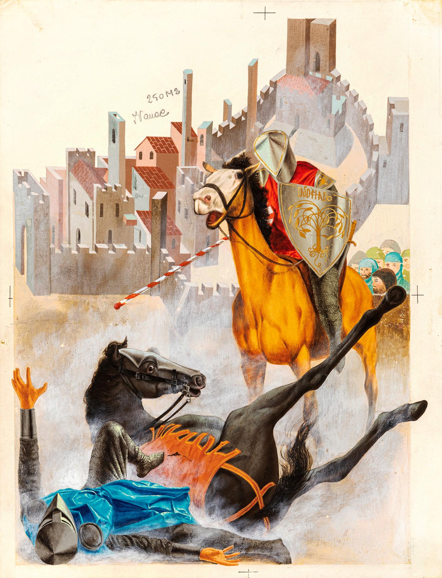 Santin Federico – "Ivanhoe (Ivanhoe)", 1964: Santin Federico – "Ivanhoe (Ivanhoe)", 1964 ITA tempera su cartoncino, 24 x 31 cm Illustrazione originale realizzata da Santin per il romanzo "Ivanhoe" di Walter Scott edito nel