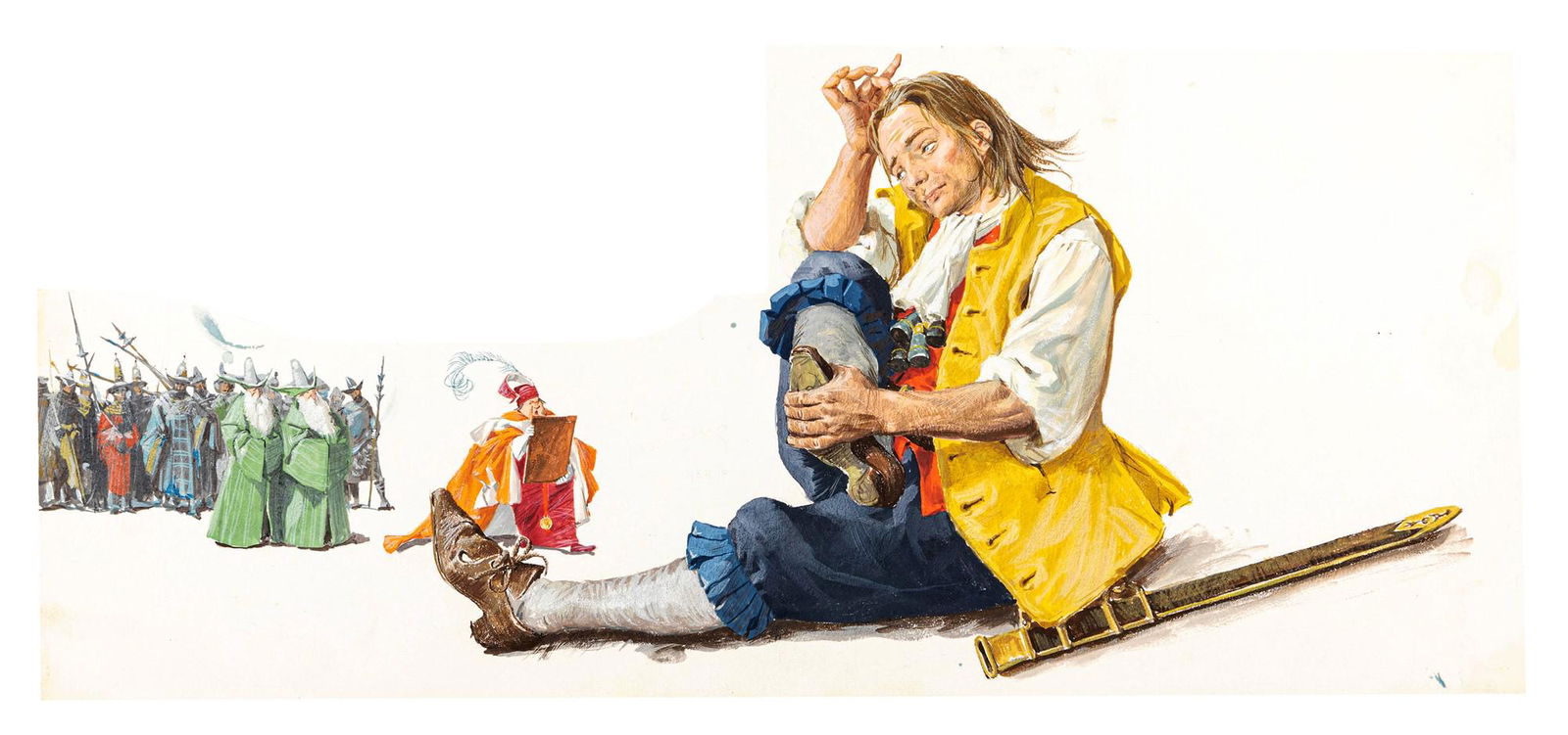 Maraja Libico – "I viaggi di Gulliver (Gulliver ’s Travels)", 1965: Maraja Libico – "I viaggi di Gulliver (Gulliver ’s Travels)", 1965 ITA tempera su cartone sagomato, 50 x 22 cm Illustrazione originale realizzata da Maraja per il romanzo "I v