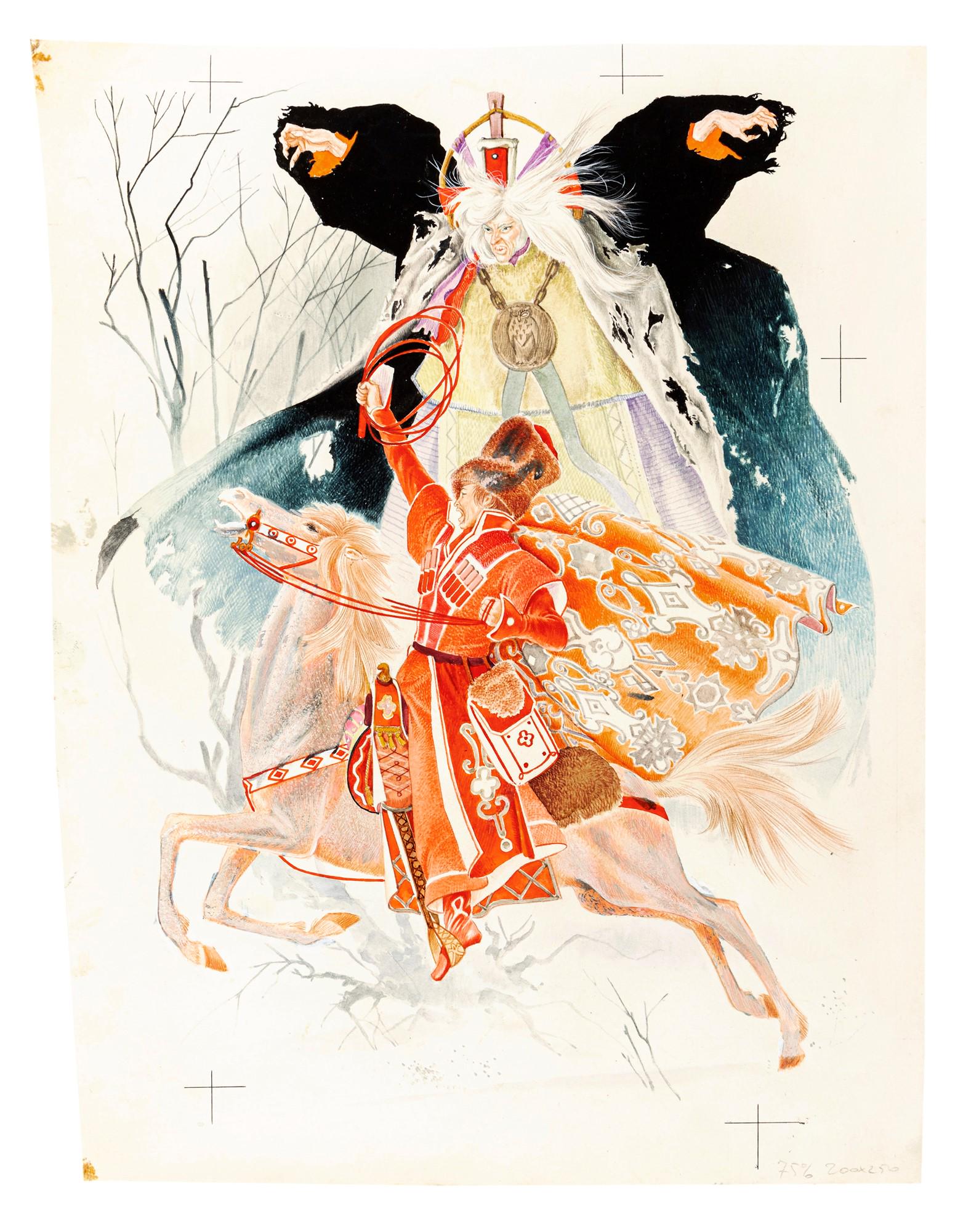 Benvenuti Gianni – "Fiabe russe (Russian fairy tales)", 1964: Benvenuti Gianni – "Fiabe russe (Russian fairy tales)", 1964 ITA matita, acquerello e tempera su cartoncino sagomato, 26 x 34 cm Illustrazione originale realizzata da Benvenuti per le &