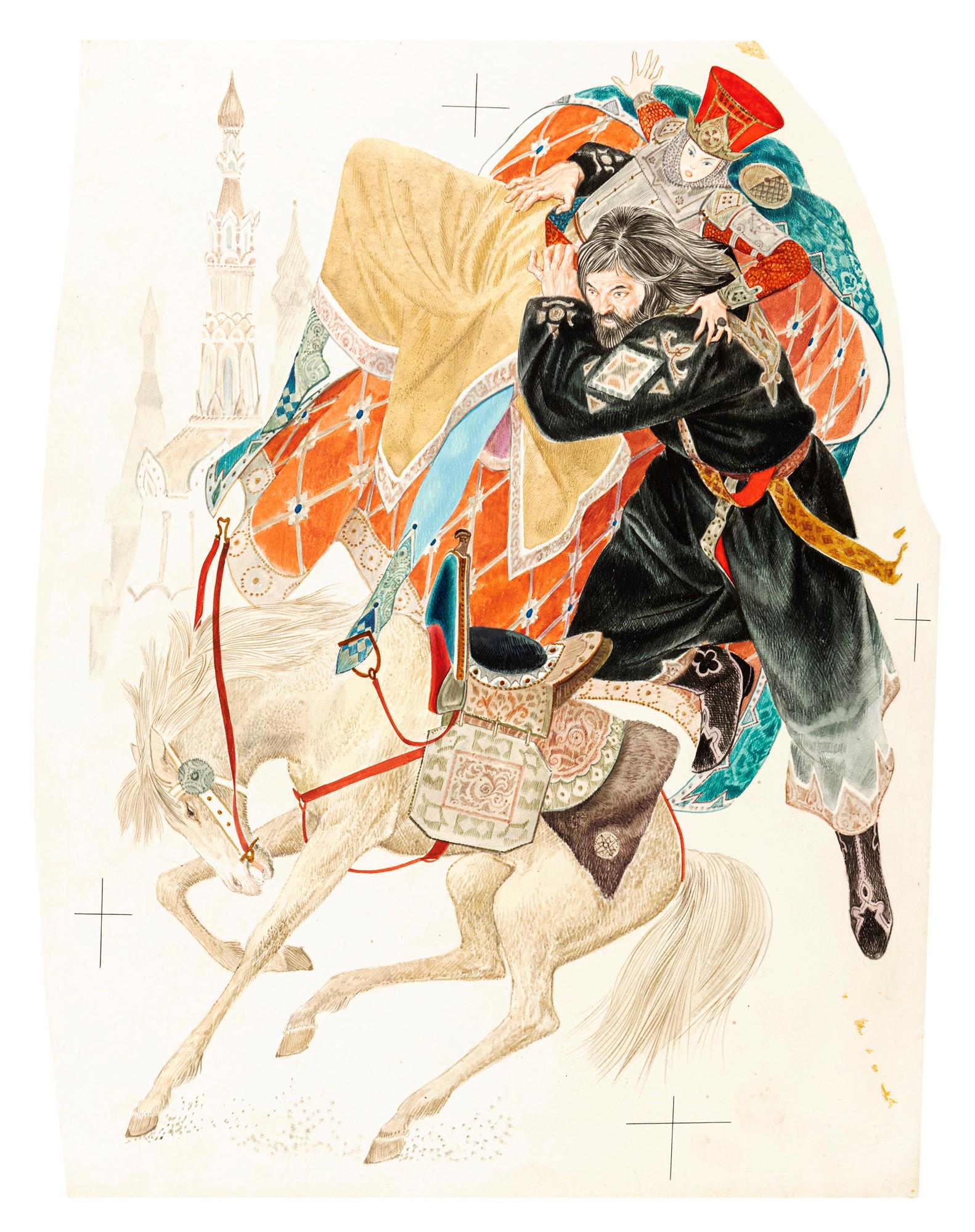 Benvenuti Gianni – "Fiabe russe (Russian fairy tales)", 1964: Benvenuti Gianni – "Fiabe russe (Russian fairy tales)", 1964 ITA matita, acquerello e tempera su cartone sagomato, 27 x 34 cm Illustrazione originale realizzata da Benvenuti per le "