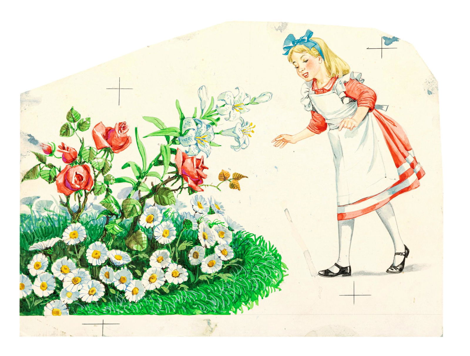 Maraja Libico – "Alice attraverso lo specchio (Alice through the looking glass)", 1959: Maraja Libico – "Alice attraverso lo specchio (Alice through the looking glass)", 1959 ITA tempera su cartone sagomato, 23 x 17 cm Illustrazione originale realizzata da Maraja per il ro