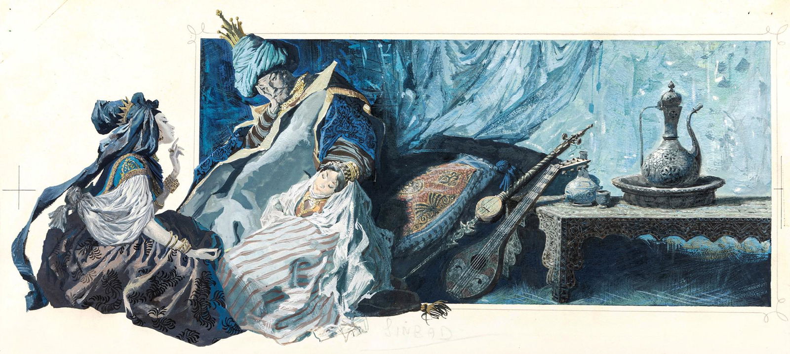 Maraja Libico – "Sinbad il marinaio (Sinbad the sailor)", 1964: Maraja Libico – "Sinbad il marinaio (Sinbad the sailor)", 1964 ITA tempera su cartone, 43 x 19,5 cm Illustrazione originale realizzata da Maraja per la fiaba "Sinbad il marinaio"