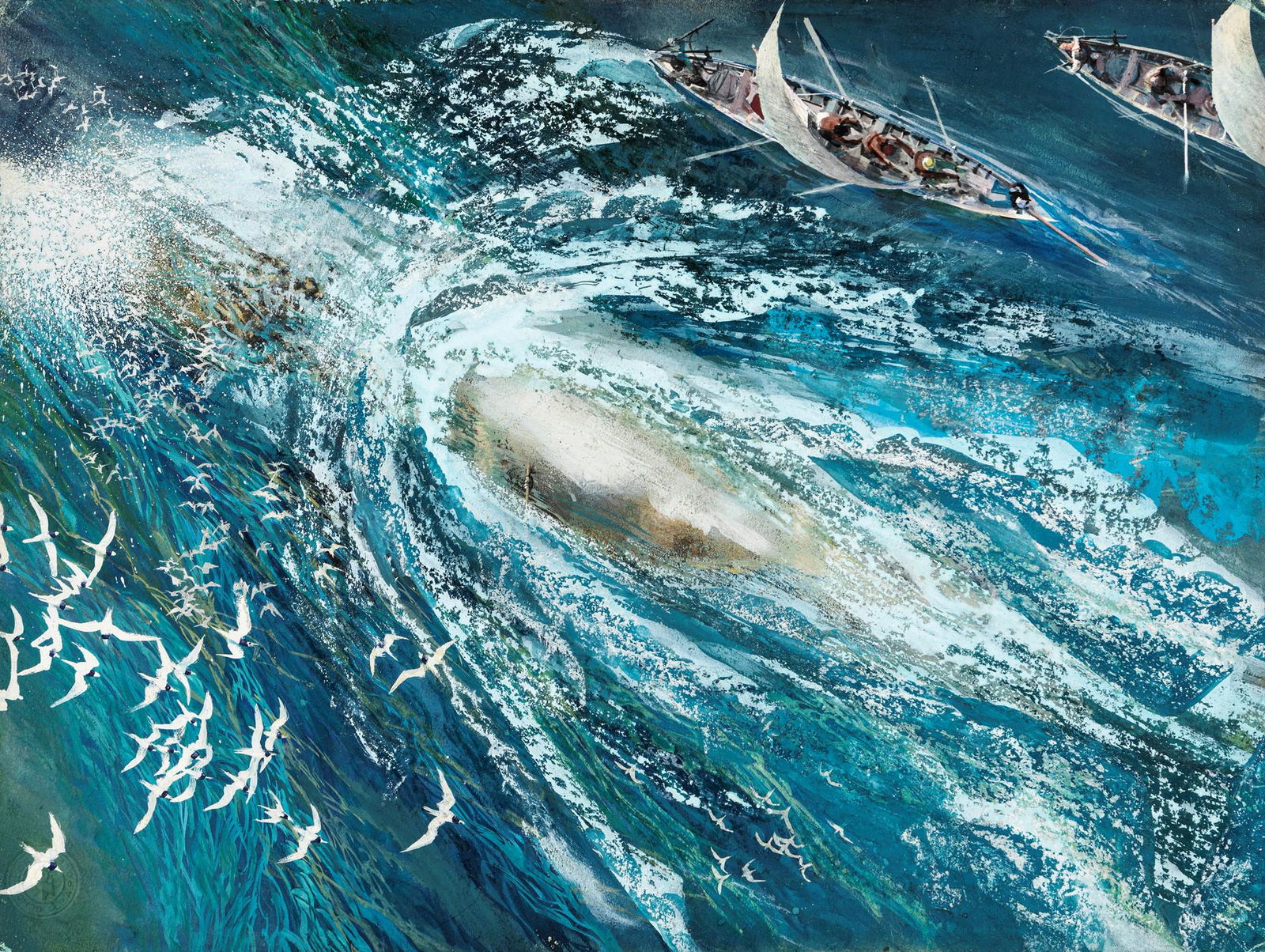 Riga, Diego e Dale (Giorgio De Gaspari) – "Moby Dick (Moby Dick)", 1965: Riga, Diego e Dale (Giorgio De Gaspari) – "Moby Dick (Moby Dick)", 1965 ITA tempera su cartone, 34 x 25,5 cm Illustrazione originale realizzata da De Gaspari per il romanzo "Moby Di