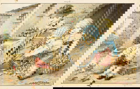 Bertiglia Aurelio - "La sgranatura delle pannocchie", anni ‘30: Bertiglia Aurelio - "La sgranatura delle pannocchie", anni ‘30 ITA matita, china, acquerello e tempera su cartoncino, 31,5 x 20,5 cm Illustrazione originale realizzata da Bertiglia