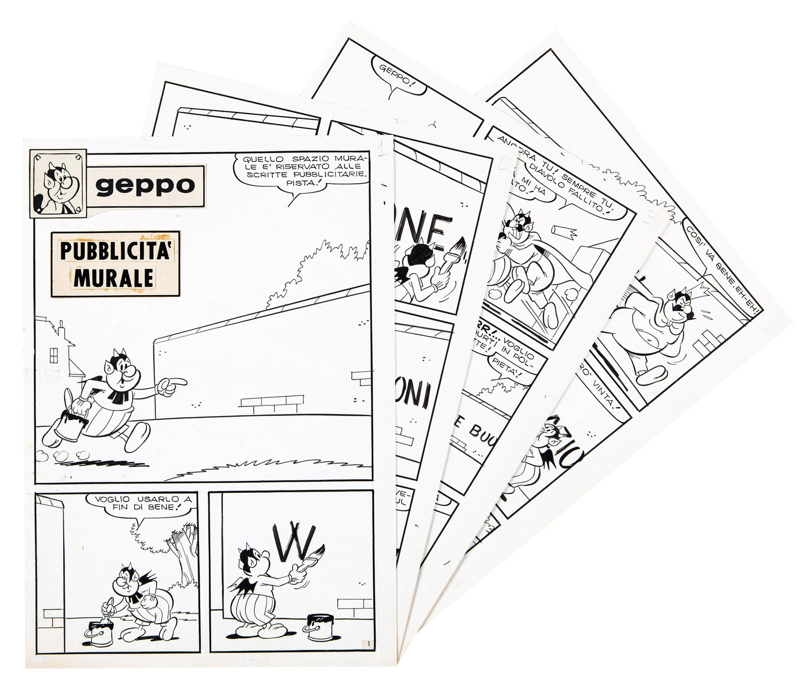 Dossi Sandro - "Geppo - Pubblicità murale", anni ‘80: Dossi Sandro - "Geppo - Pubblicità murale", anni ‘80 ITA matita e china su cartoncino, 17,5 x 25 cm ciascuno Storia completa composta da 4 tavole originali realizzate da Dossi per &