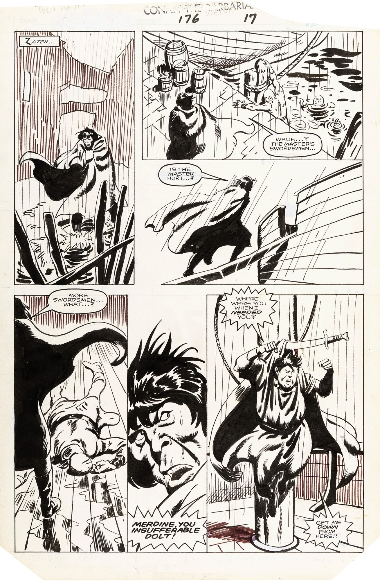 Buscema John - "Conan the Barbarian - Argos Rain", 1985: Buscema John - "Conan the Barbarian - Argos Rain", 1985 ITA matita e china su cartoncino Marvel, 28 x 42 cm Tavola originale realizzata da Buscema per "Argos Rain", edita su Conan the 