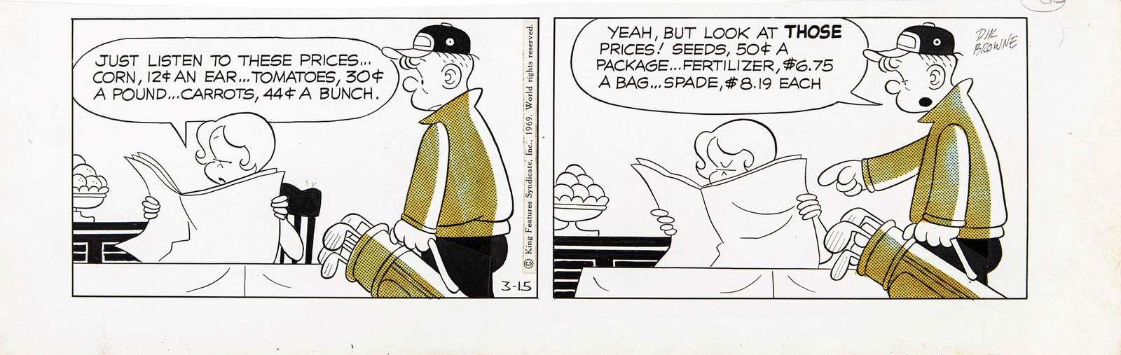 Browne Dik - "Hi and Lois", 1969: Browne Dik - "Hi and Lois", 1969 ITA matita, china e retino su cartoncino, 49 x 15,5 cm Striscia giornaliera del 15/03/1969 per "Hi and Lois". Firmata e datata._______________________