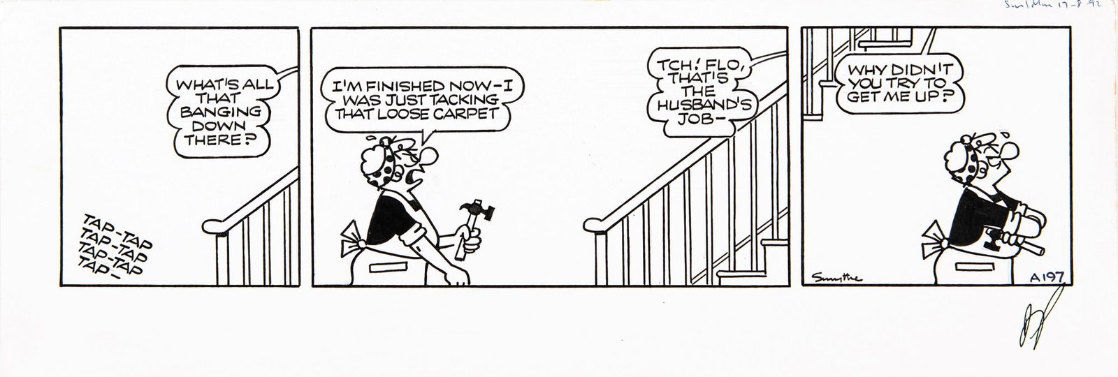 Smythe Reg - "Andy Capp", 1992: Smythe Reg - "Andy Capp", 1992 ITA matita e china su cartoncino, 38 x 13,5 cm Striscia giornaliera n. A 197 del 1992 per "Andy Capp", realizzata da Smythe per le pagine del The Daily M