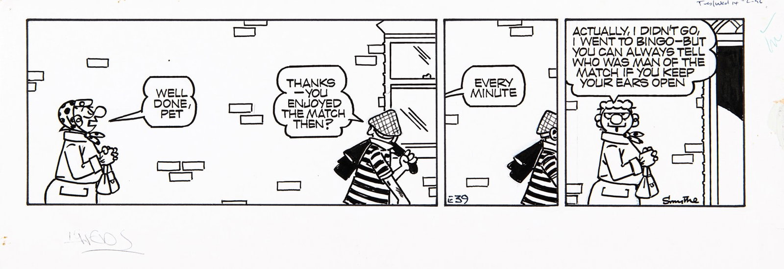 Smythe Reg - "Andy Capp", 1996: Smythe Reg - "Andy Capp", 1996 ITA matita e china su cartoncino, 38 x 13,5 cm Striscia giornaliera n. E 39 del 1992 per "Andy Capp", realizzata da Smythe per le pagine del The Daily Mi