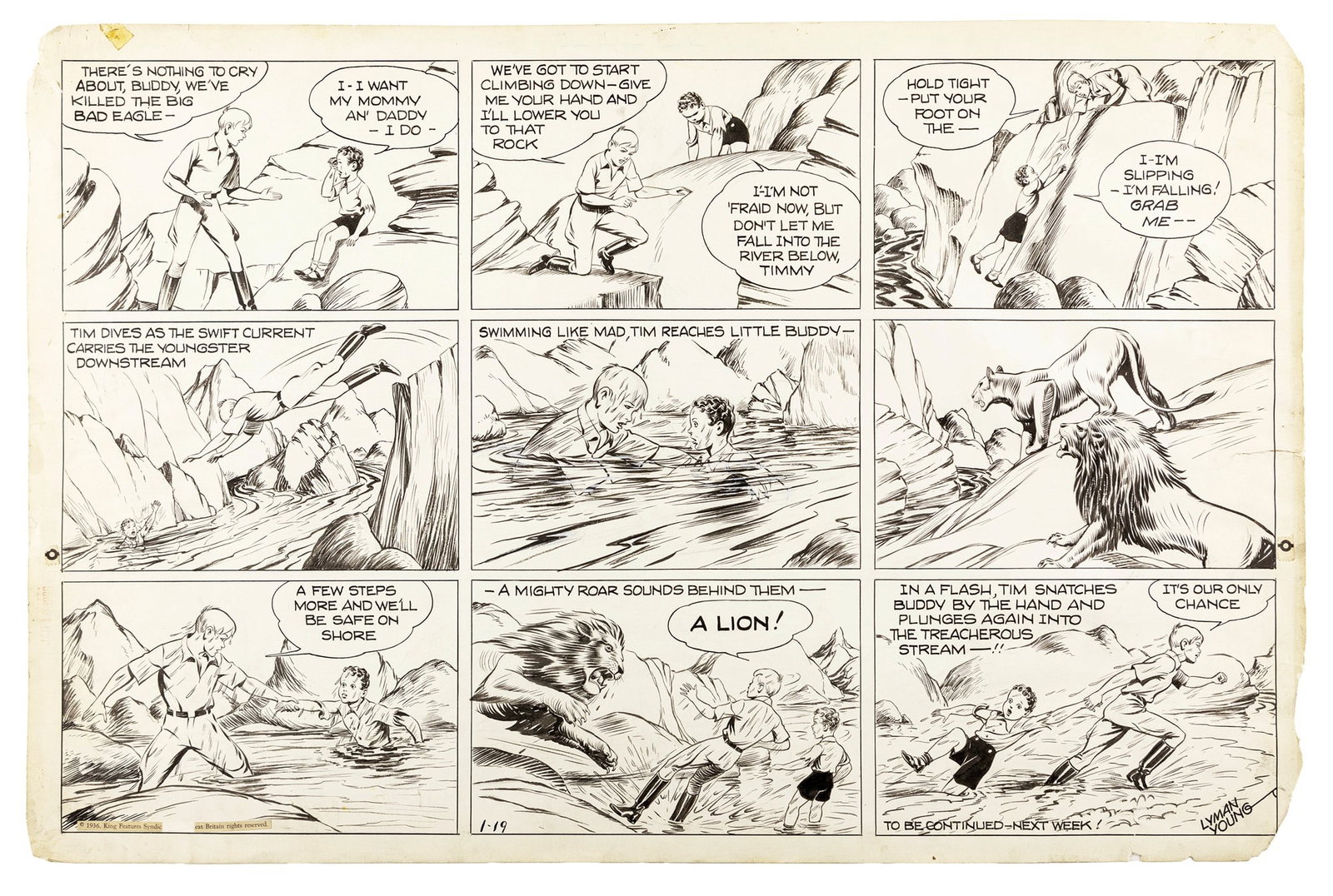 Young Lyman - "Tim Tyler‘s Luck (Cino e Franco)", 1936: Young Lyman - "Tim Tyler‘s Luck (Cino e Franco)", 1936 ITA matita e china su cartoncino, 68 x 45 cm Tavola domenicale del 19/01/1936 per "Tim Tyler‘s Luck". Apparsa per la 