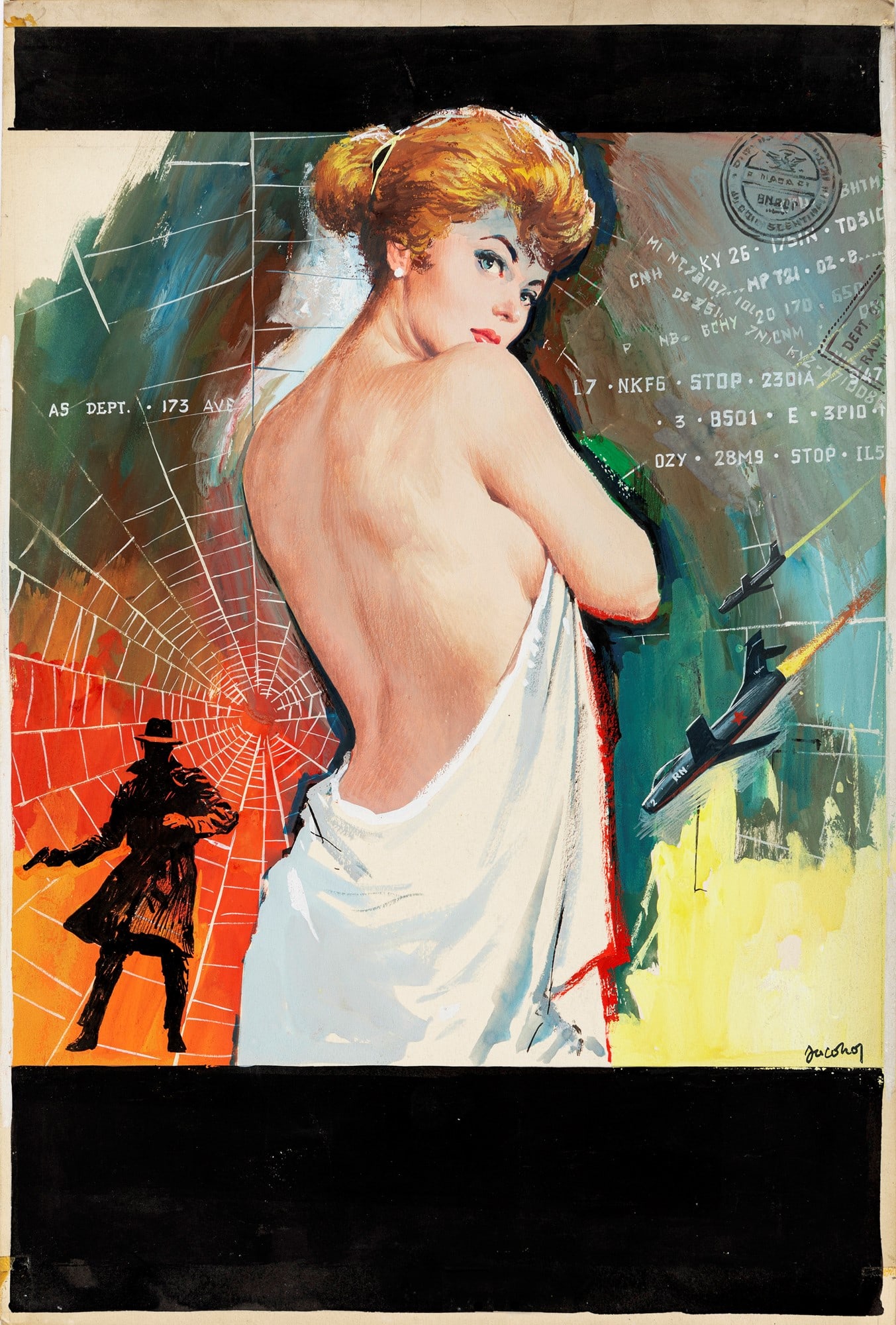 Jacono Carlo - "Spionaggio - Chiamate Z X 114", 1961: Jacono Carlo - "Spionaggio - Chiamate Z X 114", 1961 ITA tempera su cartone, 25,5 x 38 cm Originale di copertina realizzato da Jacono per il romanzo "Chiamate Z X 114" di Paul Thomas,