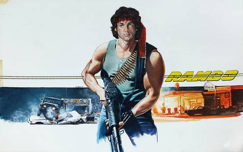 Rabito Gian Paolo - "Rambo (First Blood)", 1982: Rabito Gian Paolo - "Rambo (First Blood)", 1982 ITA tempera su cartone, 50 x 35 cm Bozzetto originale realizzato da Rabito per la locandina del film "Rambo", diretto da Ted Kotcheff