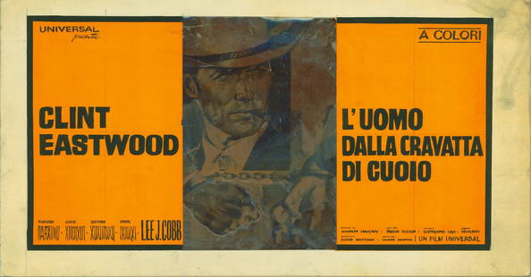 Studio Favalli - "L´uomo dalla cravatta di cuoio (Coogan´s Bluff)", 1968: Studio Favalli - "L´uomo dalla cravatta di cuoio (Coogan´s Bluff)", 1968 ITA tempera e pellicola fotografica su cartone, 51,5 x 27 cm Bozzetto originale realizzato dallo Studio