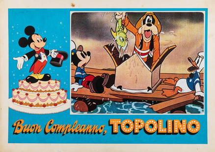 Napoli Bruno - "Buon compleanno Topolino (The Mickey Mouse Golden Jubilee)", 1978: Napoli Bruno - "Buon compleanno Topolino (The Mickey Mouse Golden Jubilee)", 1978 ITA tempera e collage su cartoncino, 49 x 34,5 cm Bozzetto originale realizzato da Napoli per la fotobusta