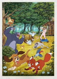 Napoli Bruno - "Red e Toby - Nemiciamici (The Fox and the Hound)", 1981: Napoli Bruno - "Red e Toby - Nemiciamici (The Fox and the Hound)", 1981 ITA tempera su cartone, 35 x 50 cm Bozzetto originale realizzato da Napoli per la versione italiana della locandina