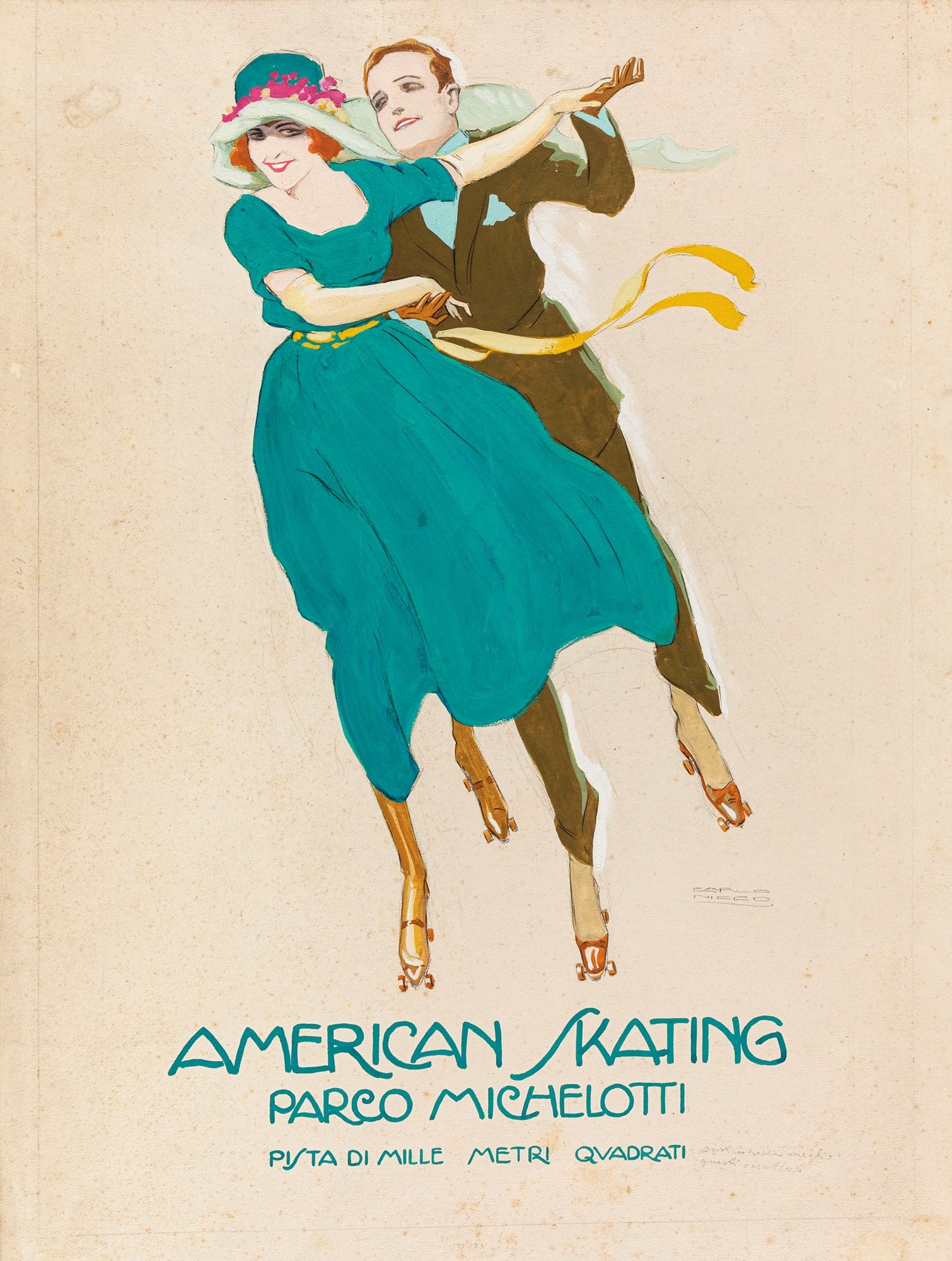 Nicco Carlo - "American Skating", anni ‘20: Nicco Carlo - "American Skating", anni ‘20 ITA tempera su cartoncino, 46 x 61 cm Illustrazione originale realizzata da Nicco durante gli anni ‘20 per il manifesto pubblicitario di