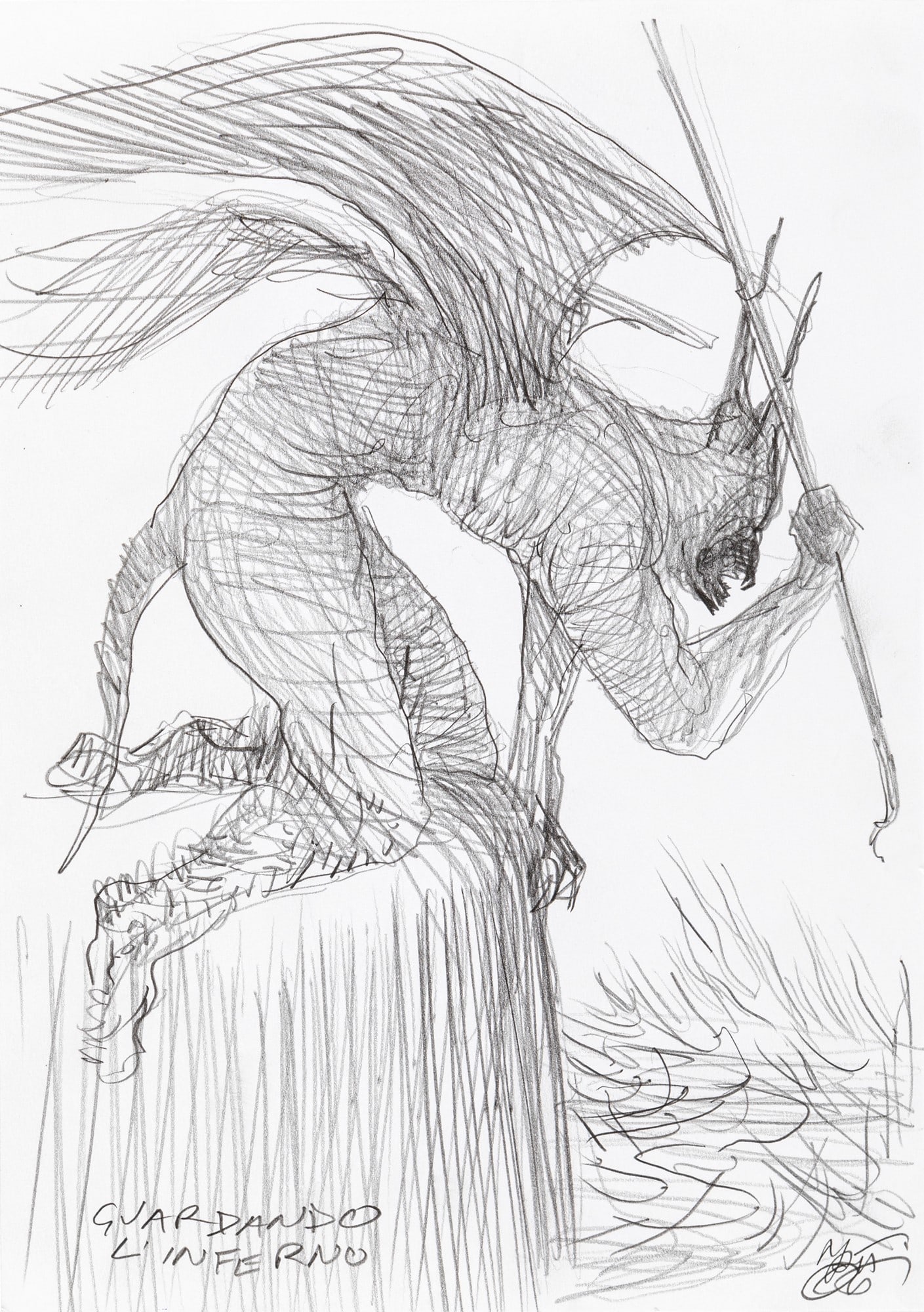 Mattotti Lorenzo - "Lucifer", 1999: Mattotti Lorenzo - "Lucifer", 1999 ITA matita su cartoncino, 15 x 21 cm Disegno preliminare realizzato da Mattotti per la sua celeberrima interpretazione dell‘Inferno dantesco edito per 