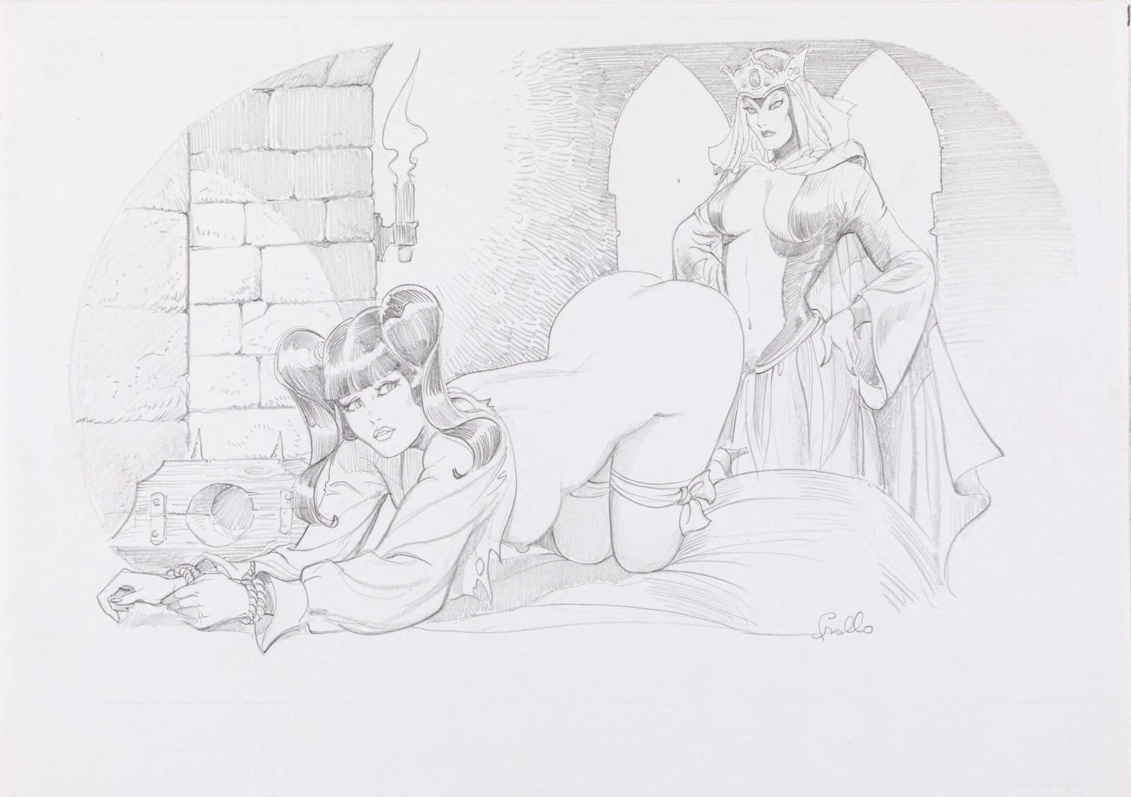 Frollo Leone - "Biancaneve e la punizione di Naga", anni 90: Frollo Leone - "Biancaneve e la punizione di Naga", anni 90 ITA matita su cartoncino, 34,5 x 24,5 cm Illustrazione originale realizzata da Frollo durante gli anni ’90, una raffinata e se
