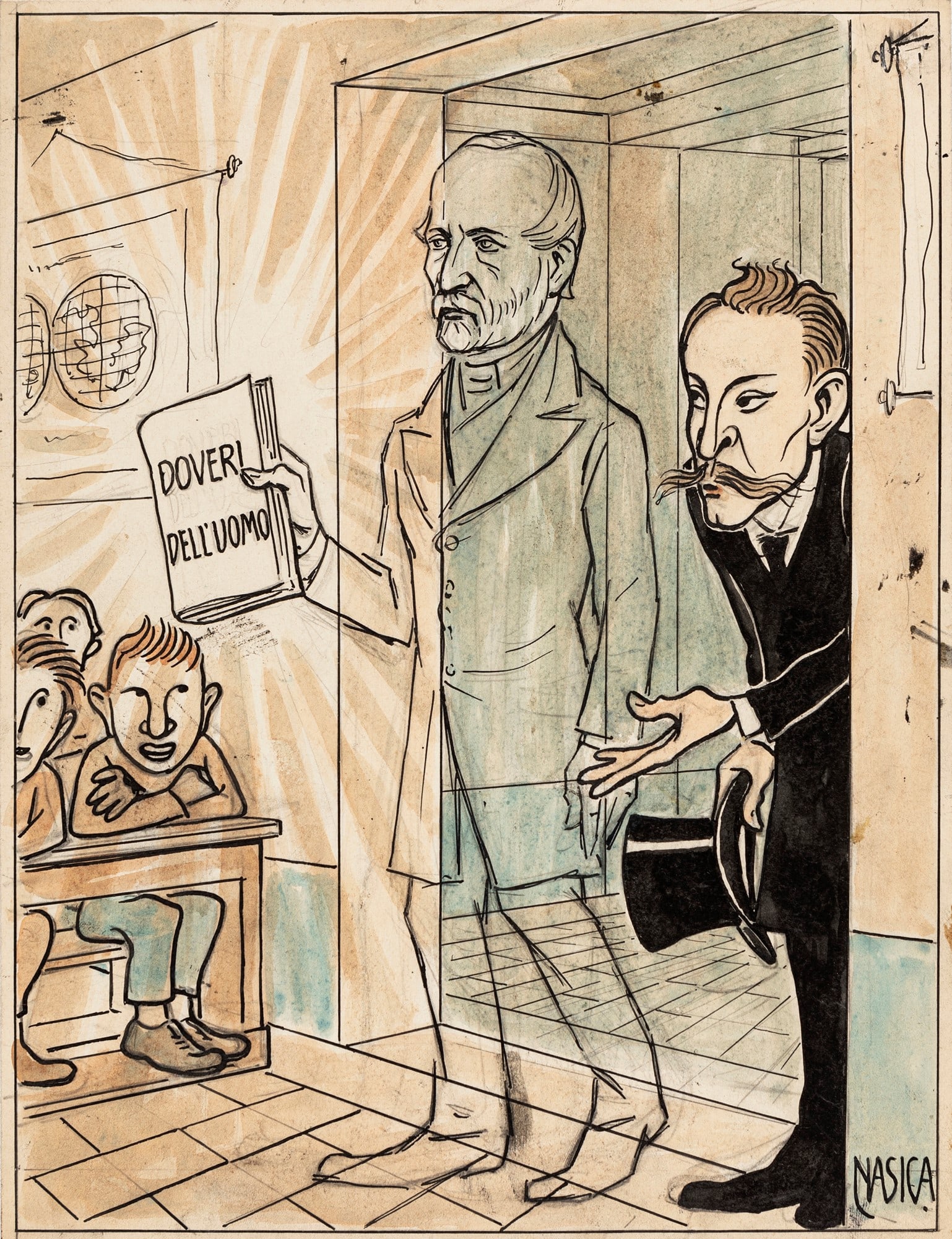 Nasica (Augusto Majani) - "Il fantasma di Mazzini", primi del 900: Nasica (Augusto Majani) - "Il fantasma di Mazzini", primi del 900 ITA matita, china, acquerello e tempera su cartoncino, 22,5 x 29,5 cm Illustrazione originale realizzata da Nasica durante i