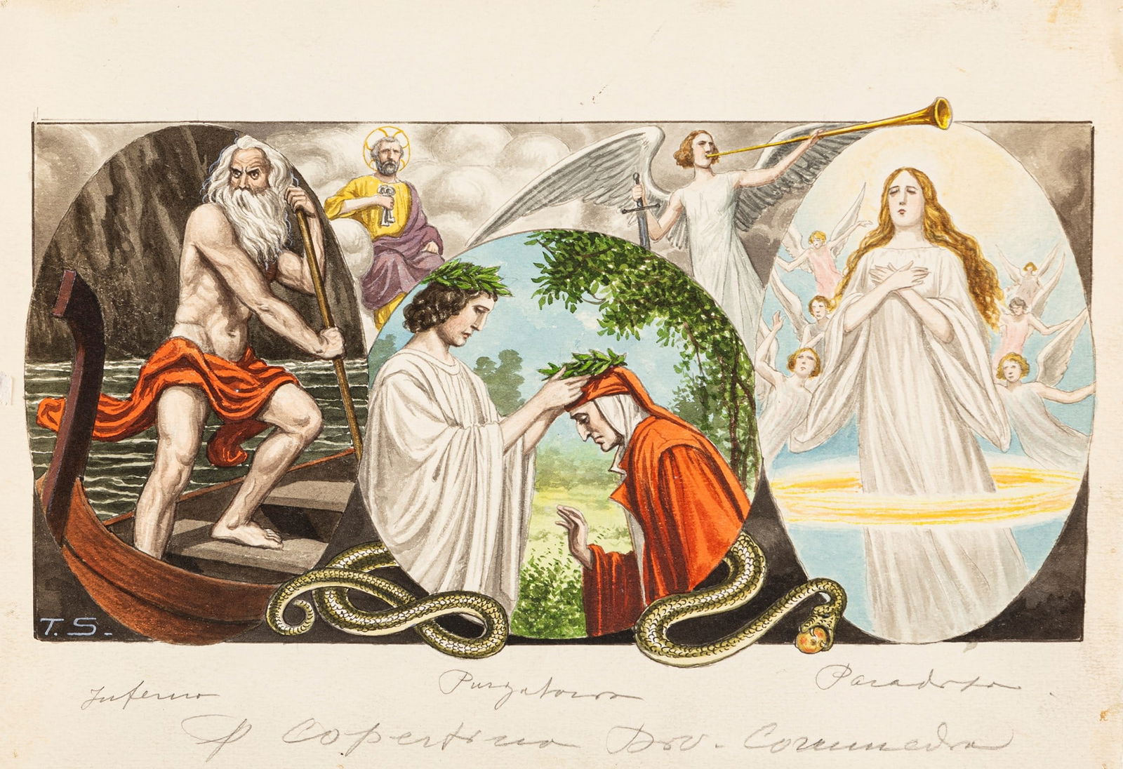 Scarpelli Tancredi - "La Divina Commedia", 1932: Scarpelli Tancredi - "La Divina Commedia", 1932 ITA matita, china, acquerello e tempera su cartoncino, 25,5 x 17,5 cm Originale di copertina realizzato da Scarpelli per "La Divina Commedi