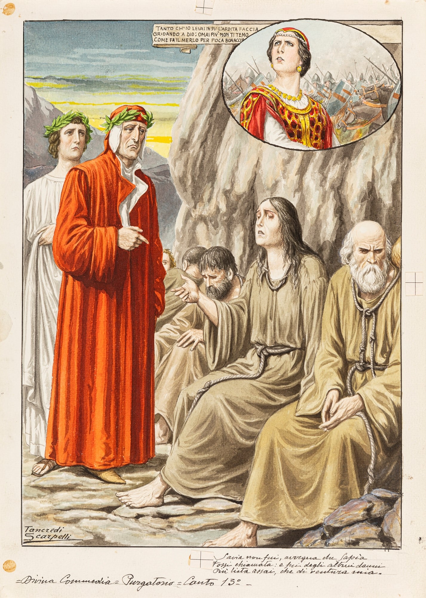 Scarpelli Tancredi - "La Divina Commedia - Purgatorio", 1932: Scarpelli Tancredi - "La Divina Commedia - Purgatorio", 1932 ITA matita, china, acquerello e tempera su cartoncino, 25 x 35,5 cm Illustrazione originale realizzata da Scarpelli per "La Di
