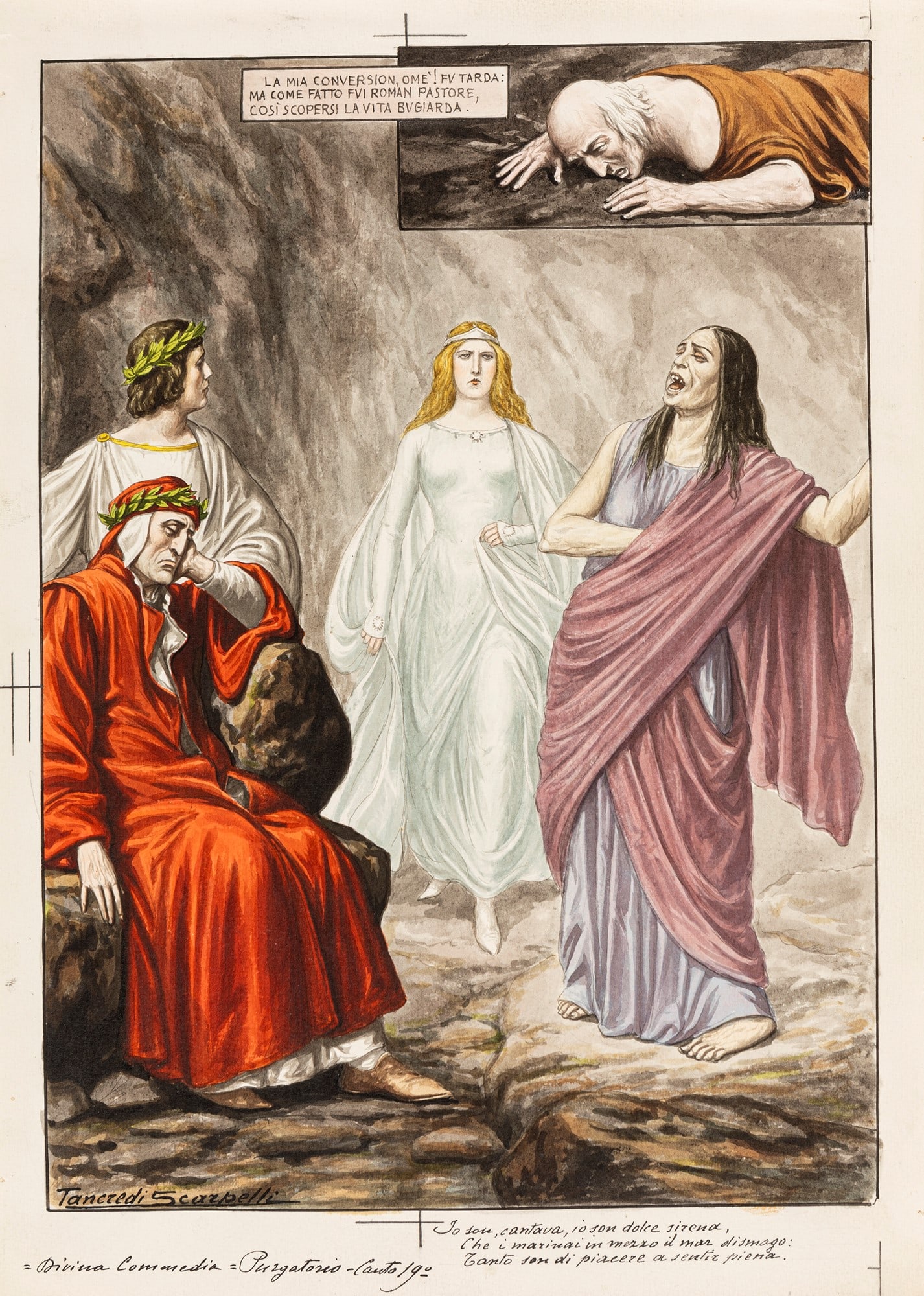 Scarpelli Tancredi - "La Divina Commedia - Purgatorio", 1932: Scarpelli Tancredi - "La Divina Commedia - Purgatorio", 1932 ITA matita, china, acquerello e tempera su cartoncino, 25 x 35,5 cm Illustrazione originale realizzata da Scarpelli per "La Di