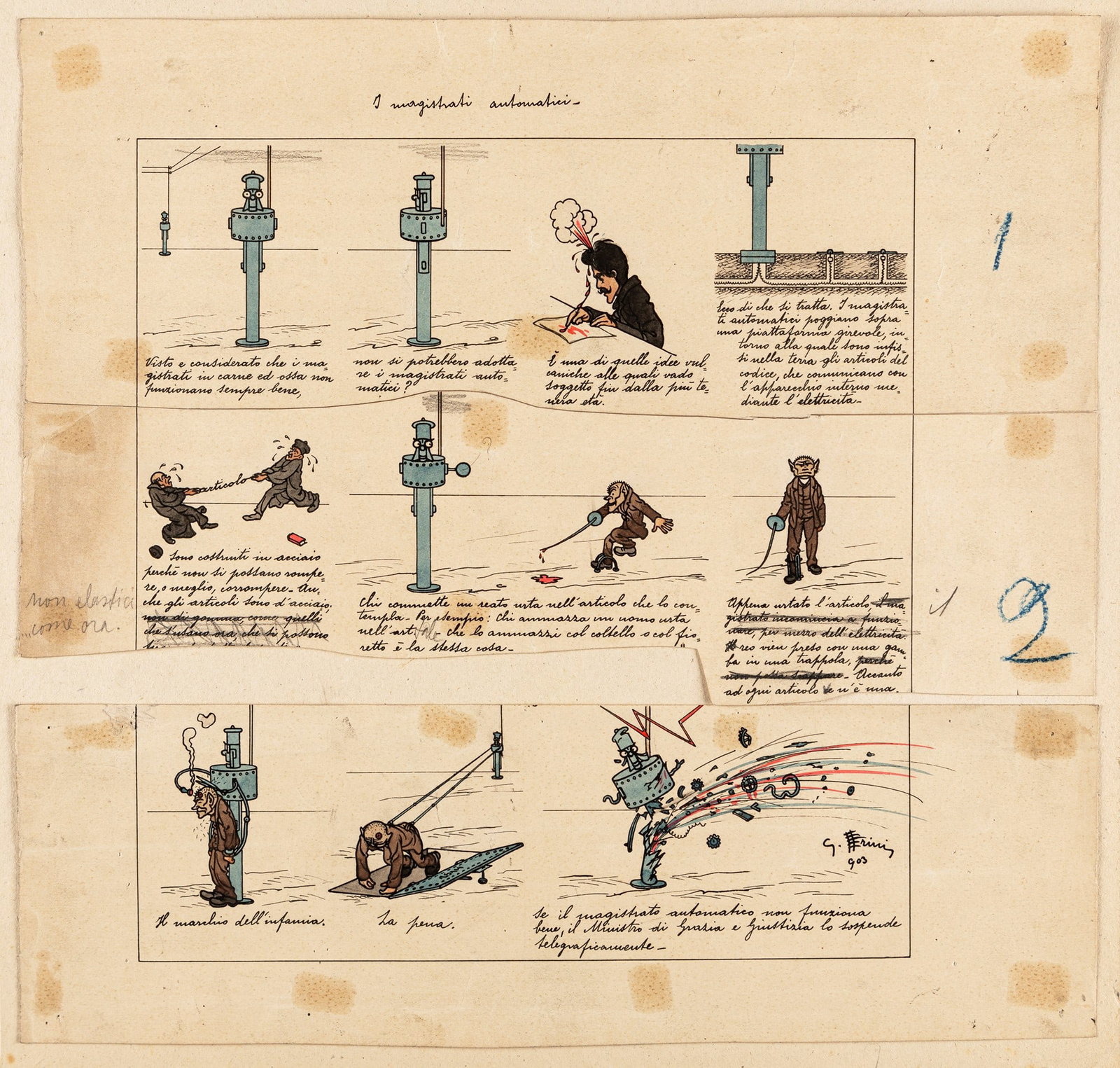 Scalarini Giuseppe - "I magistrati automatici", 1903: Scalarini Giuseppe - "I magistrati automatici", 1903 ITA matita, china e acquerello su cartoncino rimontato, 34 x 32 cm Illustrazione originale realizzata da Scalarini nel 1903 per il settiman