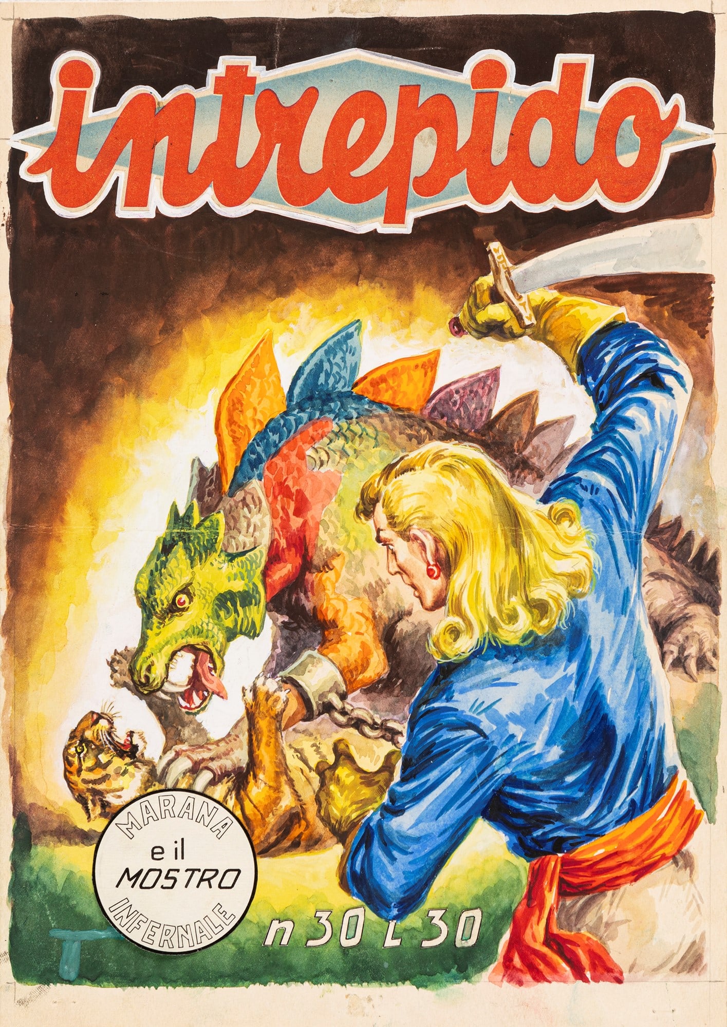 Pallotti Gino - "Intrepido - Marana e il mostro infernale", 1954: Pallotti Gino - "Intrepido - Marana e il mostro infernale", 1954 ITA tempera su cartoncino, 23,5 x 33 cm Originale di copertina realizzato da Pallotti per l´Intrepido n. 30, edito dall ̵