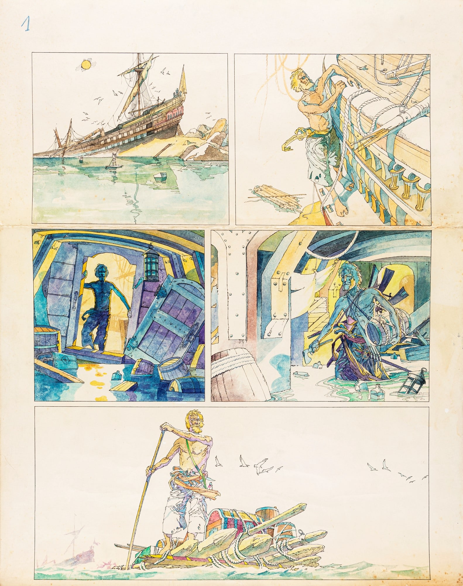 Breccia Enrique - "Robinson Crusoe", 1971: Breccia Enrique - "Robinson Crusoe", 1971 ITA matita, china e acrilici su cartoncino, 47,5 x 60 cm ciascuno Coppia di 2 tavole originali realizzate da Breccia per un progetto editoriale su 