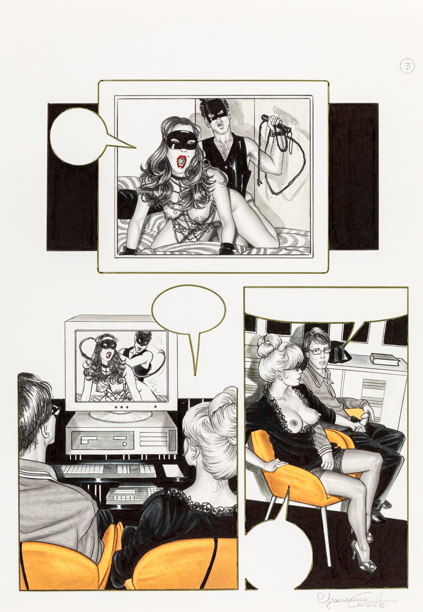 Casotto Giovanna - "Virtual", anni 90: Casotto Giovanna - "Virtual", anni 90 ITA tecnica mista su cartoncino, 25,5 x 36,5 cm Tavola originale realizzata dalla Casotto per "Virtual" pag. 3, una delle sue avventure erotiche a